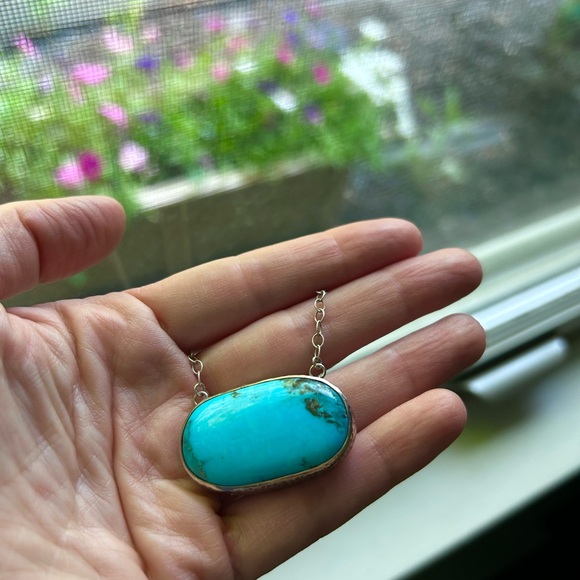 Large natural Kingman Turquoise pendant stone necklace in sterling silver wchain - Picture 6 of 15